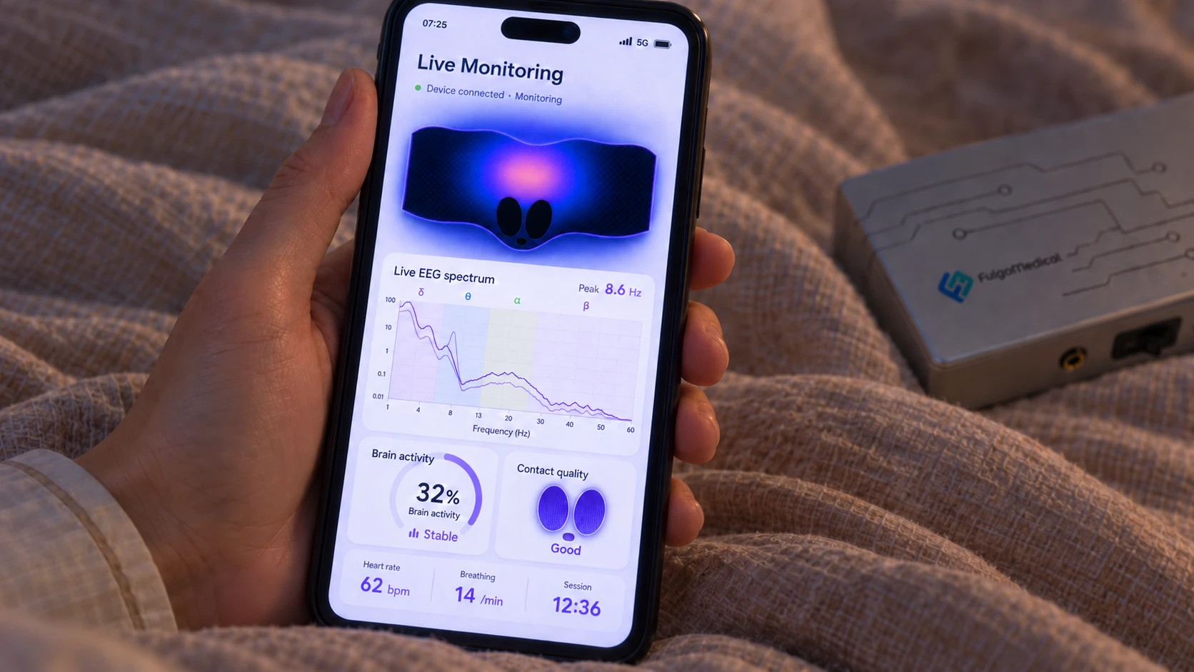 A phone in a bedroom showing FulgoMedical's monitoring interface concept