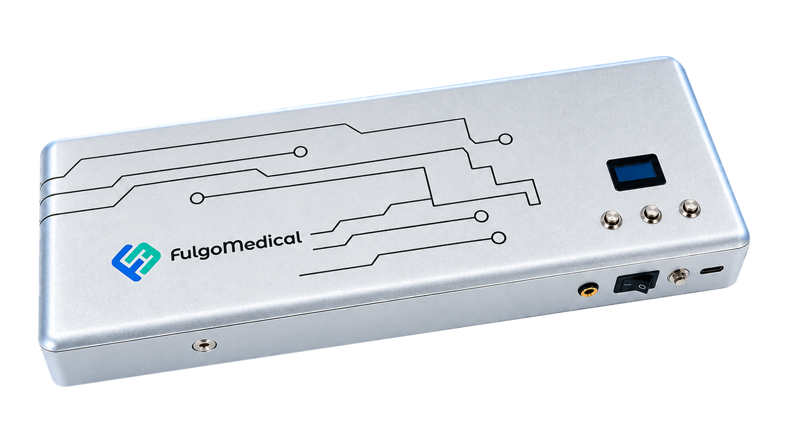 Bright silver PRF engineering prototype with a display, three physical buttons and connection ports